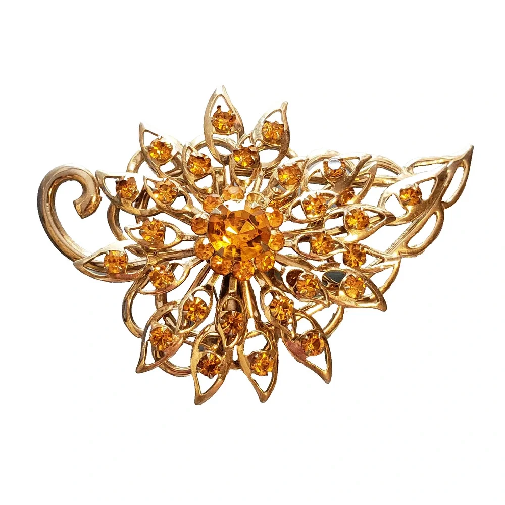 Vintage‎ Rhinestone Brooch Pin Orange- Large 2.5